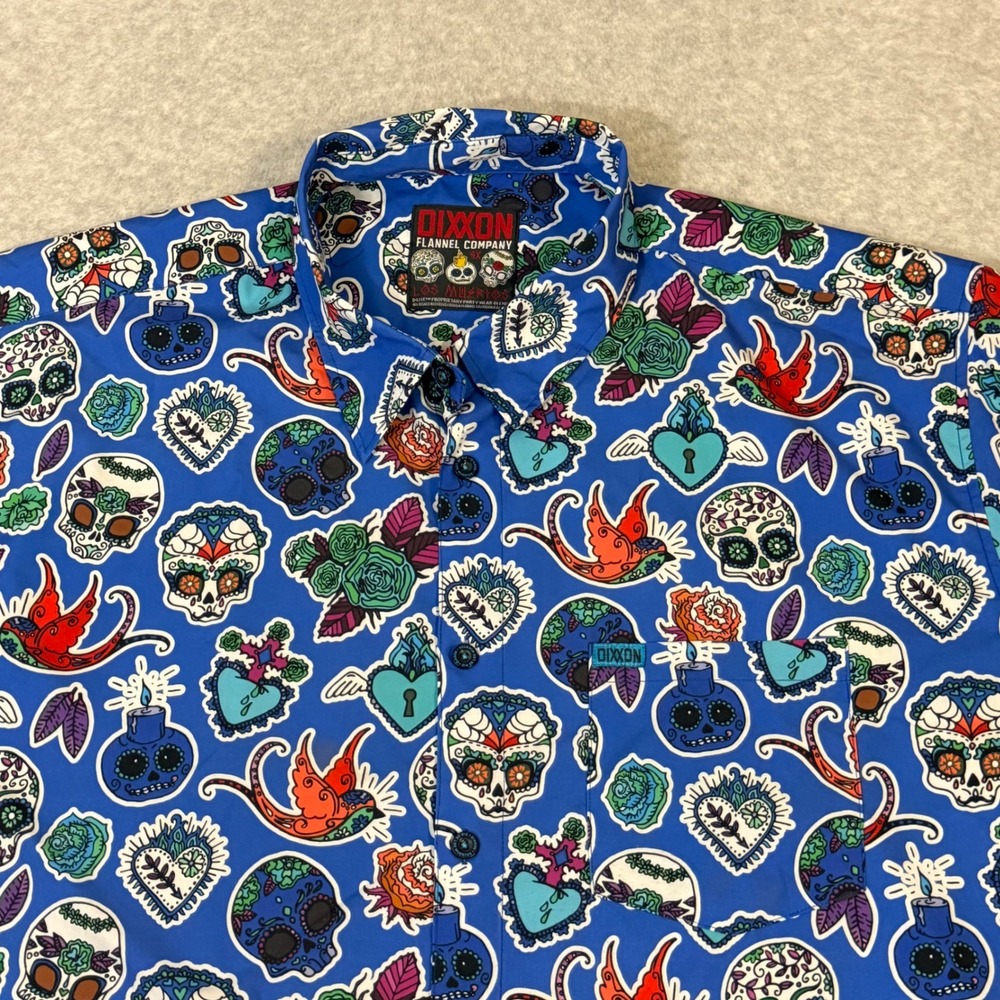 Dixxon Flannel Co Los Muertos Blue Sugar Skull D-Lite Shirt Mens 4X Short Sleeve - Picture 3 of 12